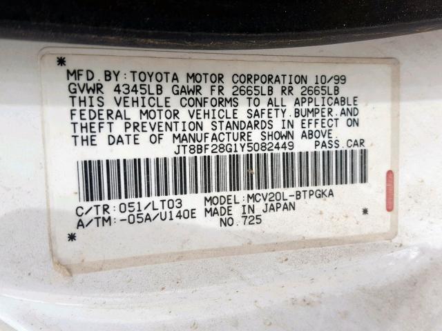 JT8BF28G1Y5082449 - 2000 LEXUS ES 300 WHITE photo 10