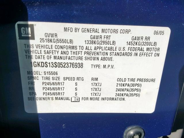 1GKDS13S052376938 - 2005 GMC ENVOY BLUE photo 10