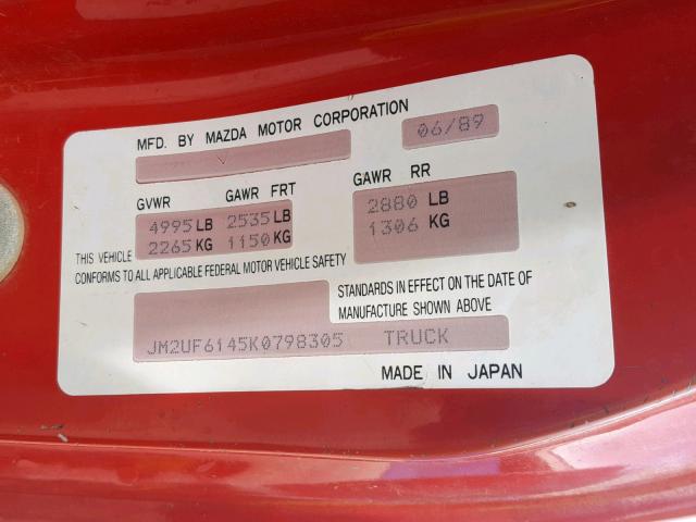 JM2UF6145K0798305 - 1989 MAZDA B2600 CAB RED photo 10