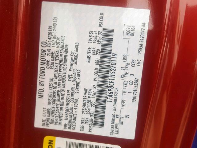 1FA6P8CF1H5270119 - 2017 FORD MUSTANG GT RED photo 10