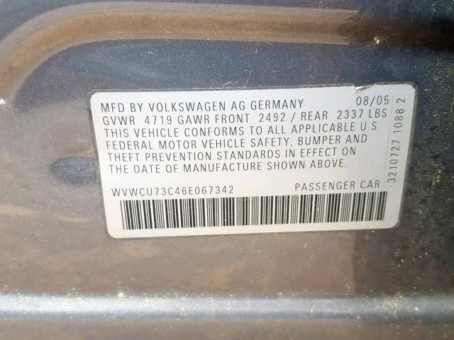 WVWCU73C46E067342 - 2006 VOLKSWAGEN PASSAT 3.6 GRAY photo 10