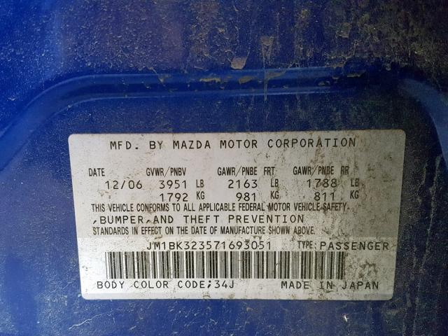 JM1BK323571693051 - 2007 MAZDA 3 S BLUE photo 10