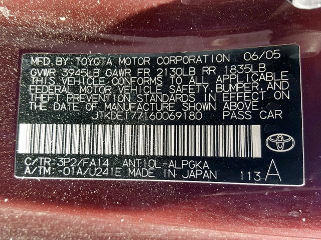 JTKDE177160069180 - 2006 TOYOTA SCION TC PURPLE photo 10