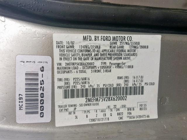 2MEFM75V28X620002 - 2008 MERCURY GRAND MARQ SILVER photo 10