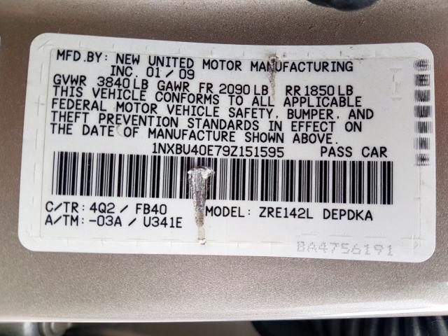 1NXBU40E79Z151595 - 2009 TOYOTA COROLLA BASE  photo 10