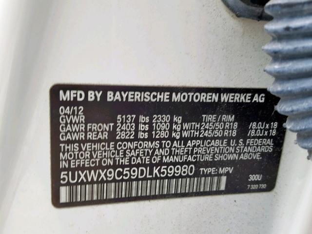 5UXWX9C59DLK59980 - 2013 BMW X3 XDRIVE2 WHITE photo 10