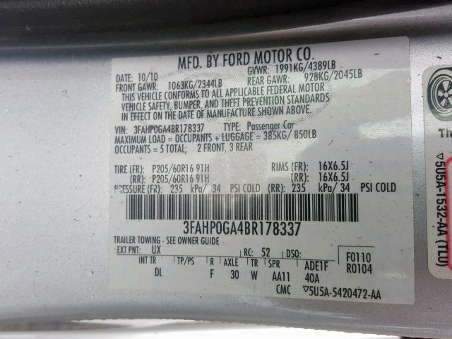 3FAHP0GA4BR178337 - 2011 FORD FUSION S GRAY photo 10