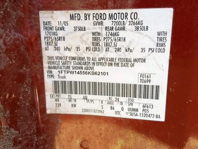 1FTPW14556KB62101 - 2006 FORD F150 SUPER ORANGE photo 10