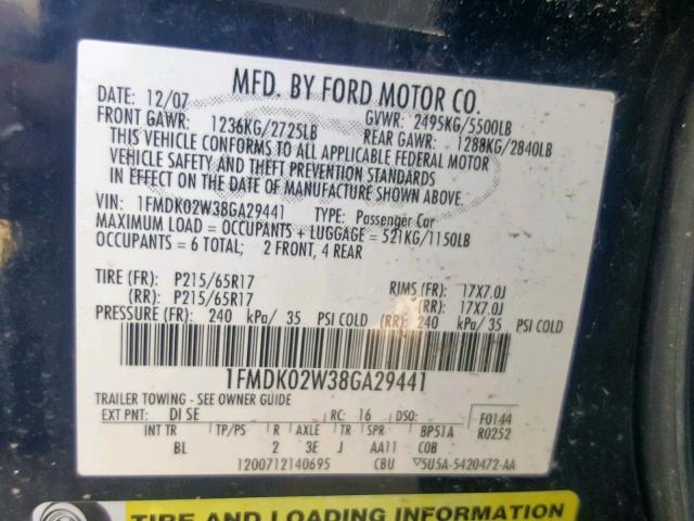 1FMDK02W38GA29441 - 2008 FORD TAURUS X S BLACK photo 10