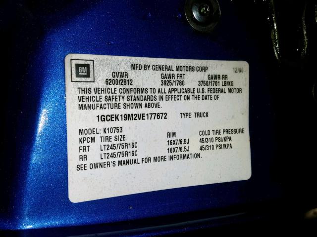 1GCEK19M2VE177672 - 1997 CHEVROLET GMT-400 K1 BLUE photo 10