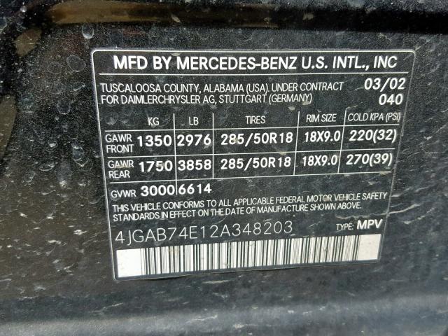 4JGAB74E12A348203 - 2002 MERCEDES-BENZ ML 55 BLACK photo 10