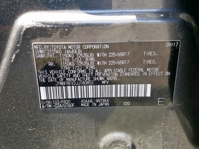 JTMBFREV2JJ180853 - 2018 TOYOTA RAV4 LE GRAY photo 10