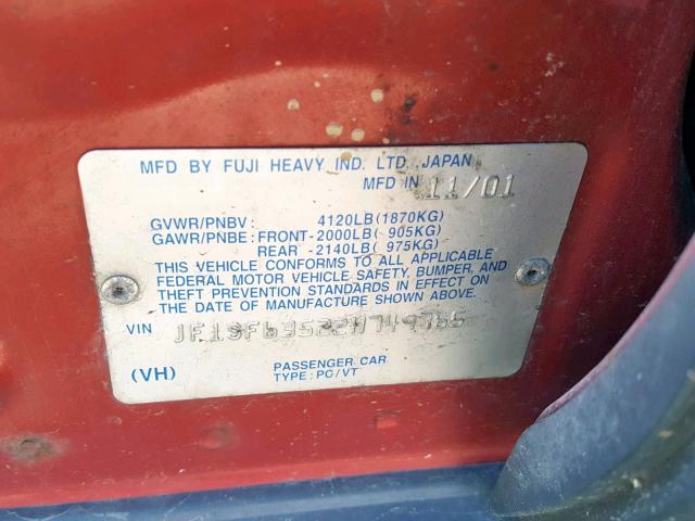 JF1SF63522H749765 - 2002 SUBARU FORESTER L RED photo 10