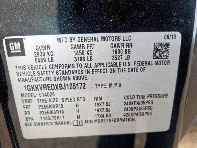 1GKKVREDXBJ105172 - 2011 GMC ACADIA SLT-1  photo 10