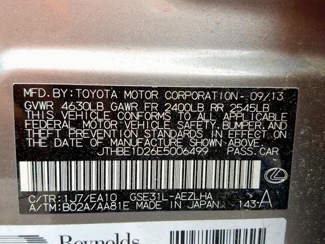 JTHBE1D26E5006499 - 2014 LEXUS IS 350 GRAY photo 10