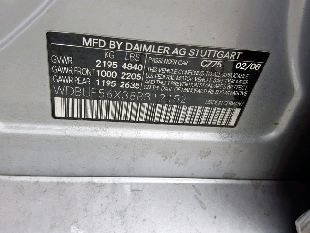 WDBUF56X38B312152 - 2008 MERCEDES-BENZ E 350 SILVER photo 10