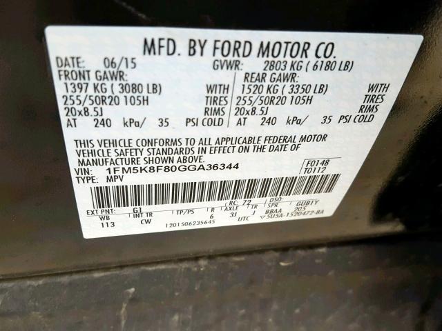 1FM5K8F80GGA36344 - 2016 FORD EXPLORER L BLACK photo 10