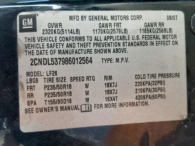 2CNDL537986012564 - 2008 CHEVROLET EQUINOX SP BLACK photo 10