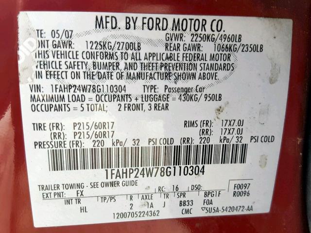 1FAHP24W78G110304 - 2008 FORD TAURUS SEL BURGUNDY photo 10