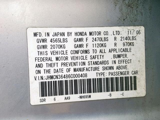 JHMCN36486C000408 - 2006 HONDA ACCORD HYB SILVER photo 10