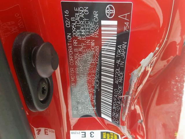 JTKJF5C7XGJ022688 - 2016 TOYOTA SCION TC RED photo 9