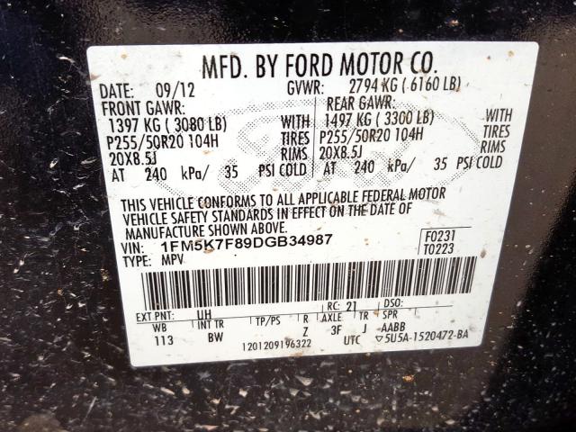 1FM5K7F89DGB34987 - 2013 FORD EXPLORER LIMITED  photo 10