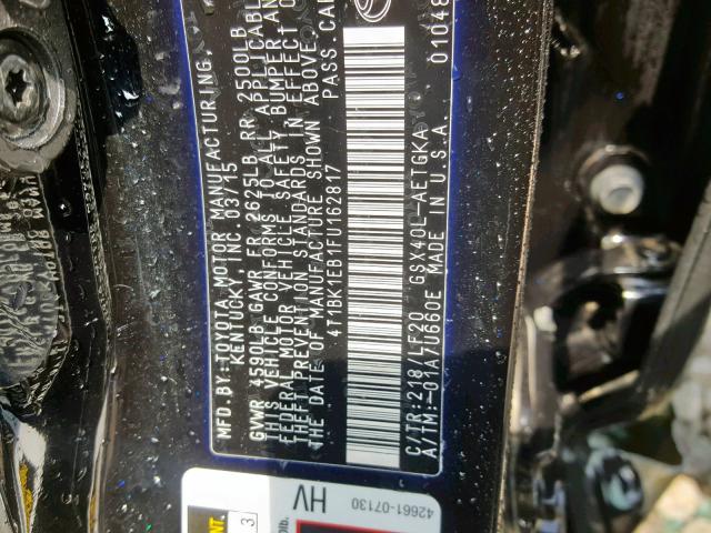 4T1BK1EB1FU162817 - 2015 TOYOTA AVALON XLE BLACK photo 10