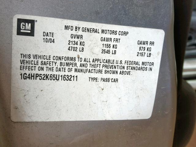 1G4HP52K65U163211 - 2005 BUICK LESABRE CU SILVER photo 10