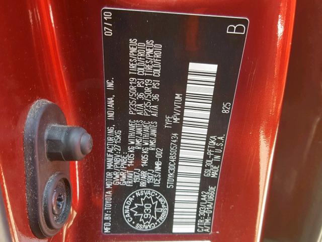 5TDYK3DC4BS057434 - 2011 TOYOTA SIENNA XLE RED photo 10