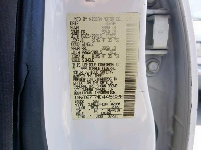 1N6ED27T74C445620 - 2004 NISSAN FRONTIER C WHITE photo 10