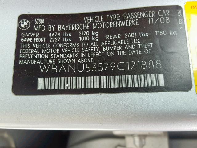 WBANU53579C121888 - 2009 BMW 528 I SILVER photo 10