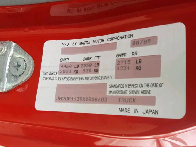 JM2UF1139K0808683 - 1989 MAZDA B2200 SHOR RED photo 10