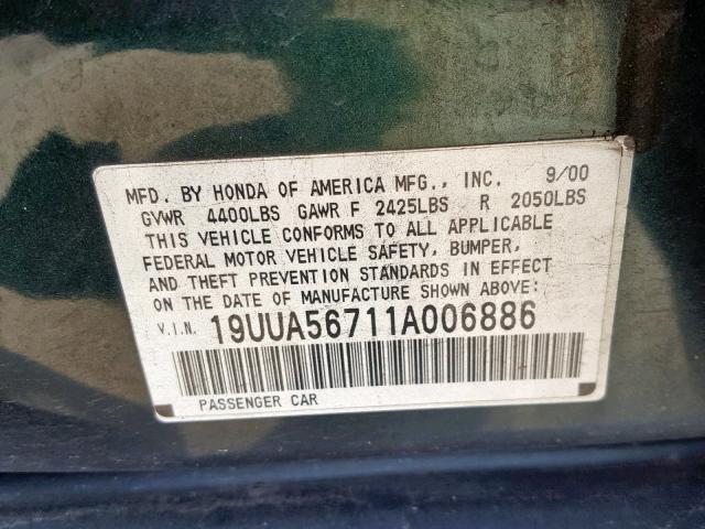 19UUA56711A006886 - 2001 ACURA 3.2TL GREEN photo 10