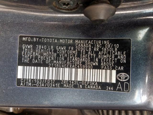 2T1BU4EEXAC459990 - 2010 TOYOTA COROLLA BASE  photo 10