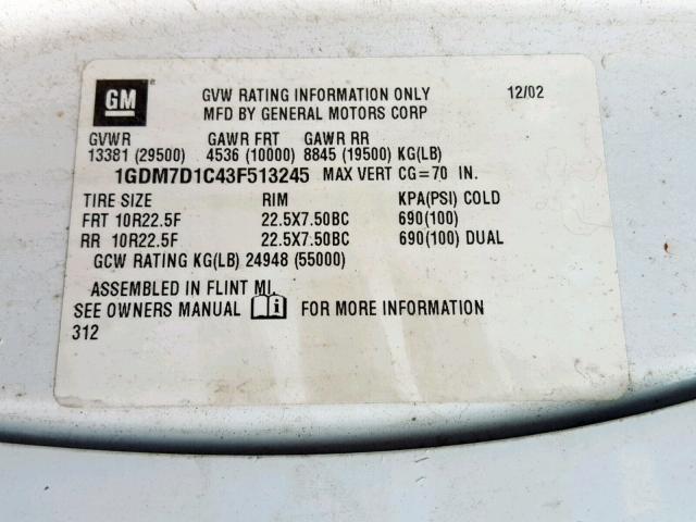 1GDM7D1C43F513245 - 2003 GMC C7500 C7E0 WHITE photo 10