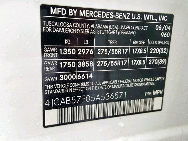 4JGAB57E05A536571 - 2005 MERCEDES-BENZ ML 350 WHITE photo 10