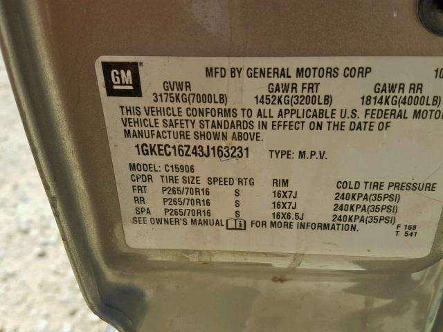 1GKEC16Z43J163231 - 2003 GMC YUKON XL C SILVER photo 10