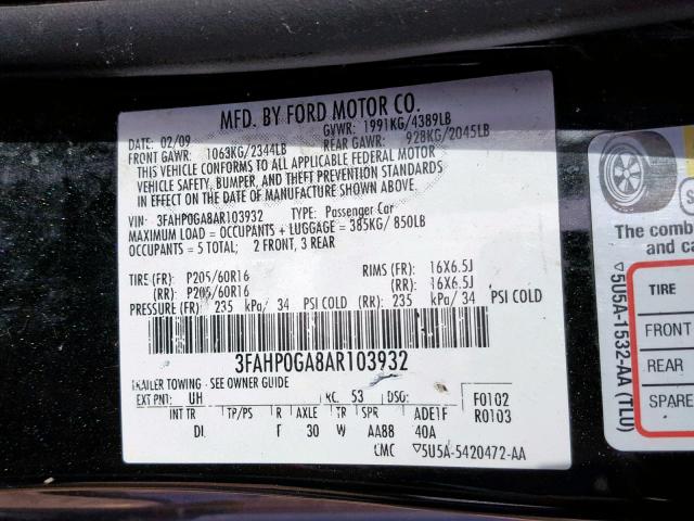 3FAHP0GA8AR103932 - 2010 FORD FUSION S BLACK photo 10