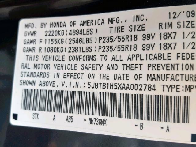 5J8TB1H5XAA002784 - 2010 ACURA RDX TECHNO GRAY photo 10