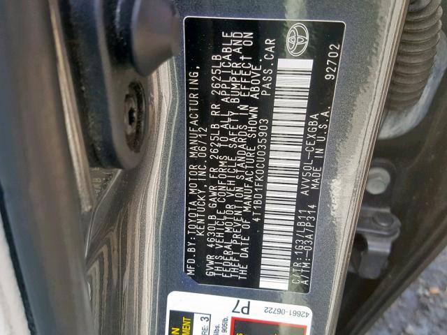 4T1BD1FK0CU035903 - 2012 TOYOTA CAMRY HYBR GRAY photo 10