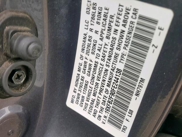 19XFB2F90FE244138 - 2015 HONDA CIVIC EXL 灰色 照片 10