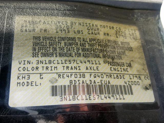 3N1BC11E57L449111 - 2007 NISSAN VERSA S BLACK photo 10