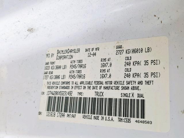 1D7HW28KX5S231492 - 2005 DODGE DAKOTA QUA WHITE photo 10