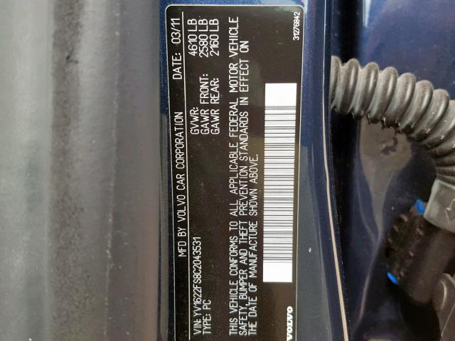 YV1622FS8C2043531 - 2012 VOLVO S60 T5 BLUE photo 10