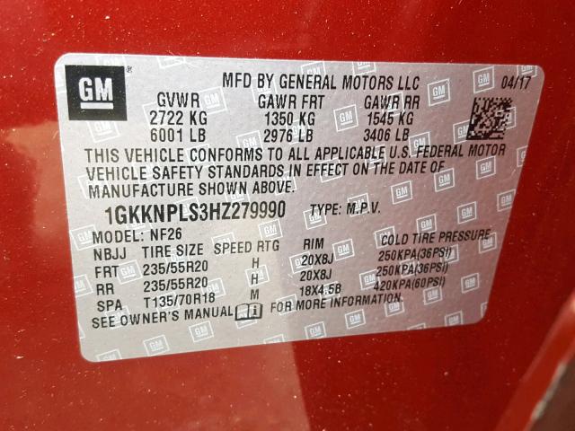 1GKKNPLS3HZ279990 - 2017 GMC ACADIA DEN MAROON photo 10