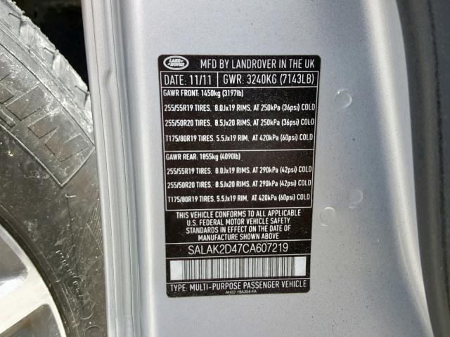 SALAK2D47CA607219 - 2012 LAND ROVER LR4 HSE LU SILVER photo 10