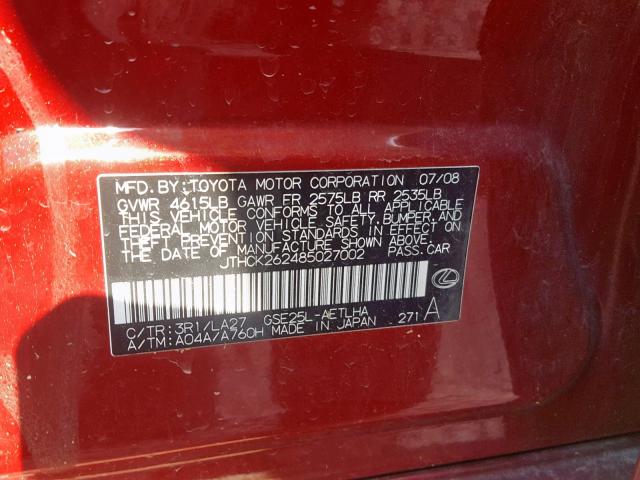 JTHCK262485027002 - 2008 LEXUS IS 250 RED photo 10