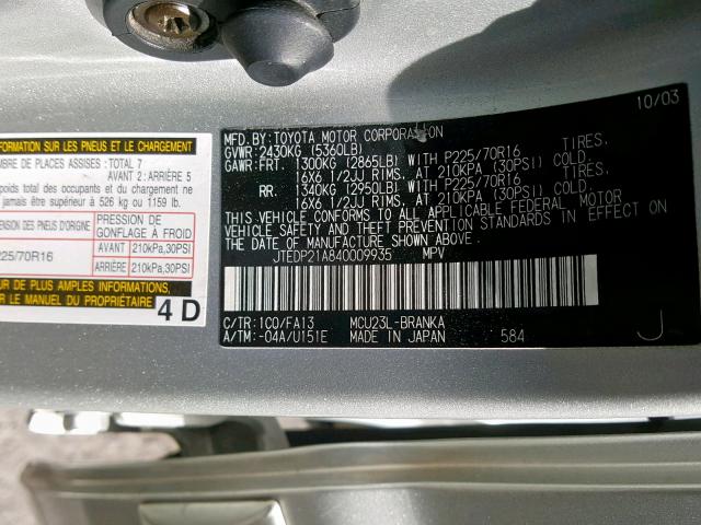 JTEDP21A840009935 - 2004 TOYOTA HIGHLANDER SILVER photo 10