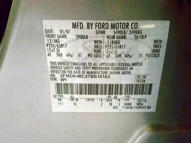 2FMDK46C27BB16163 - 2007 FORD EDGE SE SILVER photo 10