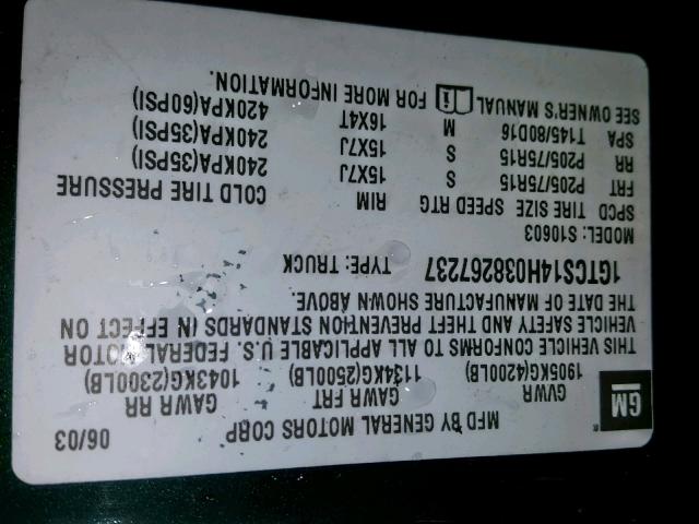 1GTCS14H038267237 - 2003 GMC SONOMA GREEN photo 10